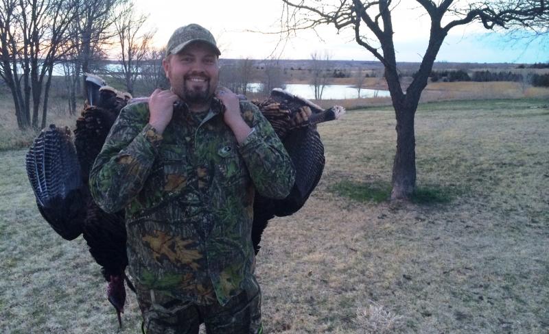 KS killed 2 Rios, a one shot double! 22.7 pounds, 1 inch spurs, 9.5 inch beard and 21.5 pounds, 3/4 spurs, and a 9 inch beard. You can see that video